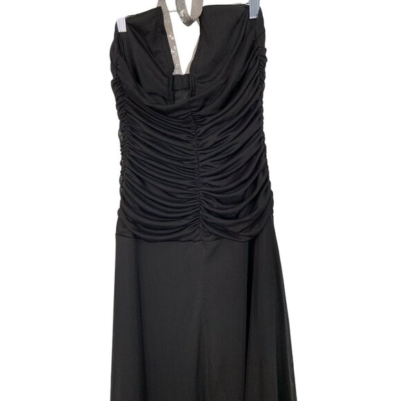 B Smart Sz 9/10 Formal Black Maxi Dress Silver Sequin Halter Ruched Y2K 8836 - Picture 8 of 11